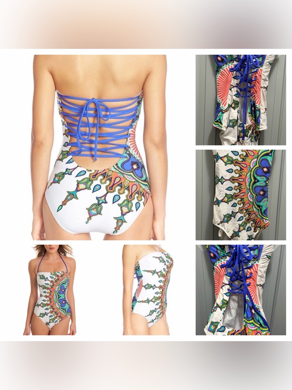 Trina Turk Kasbah Lace Back One Piece Women’s Size 12 White & Blue